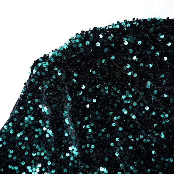 New Glam Full Length Sequin Velvet Gown Dress Long Sleeve Dark Green - Picture 8 of 12